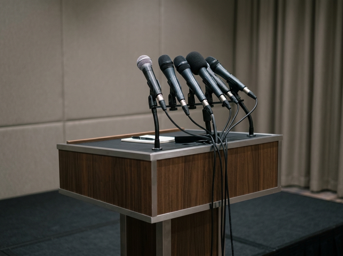Podium lectern fitted with a cluster of microphones in a press-conference room