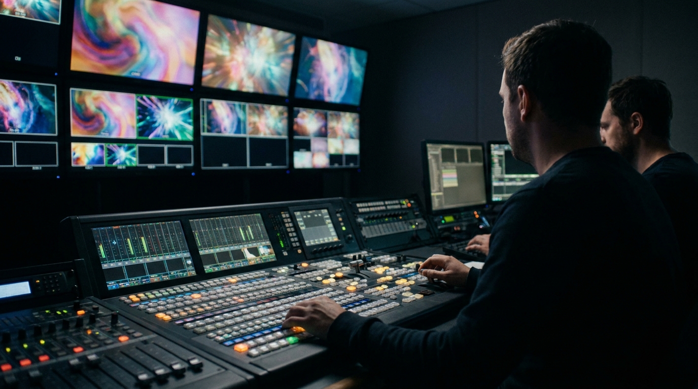 Live broadcast control position at an event — multi-camera switching and a wall of program monitors